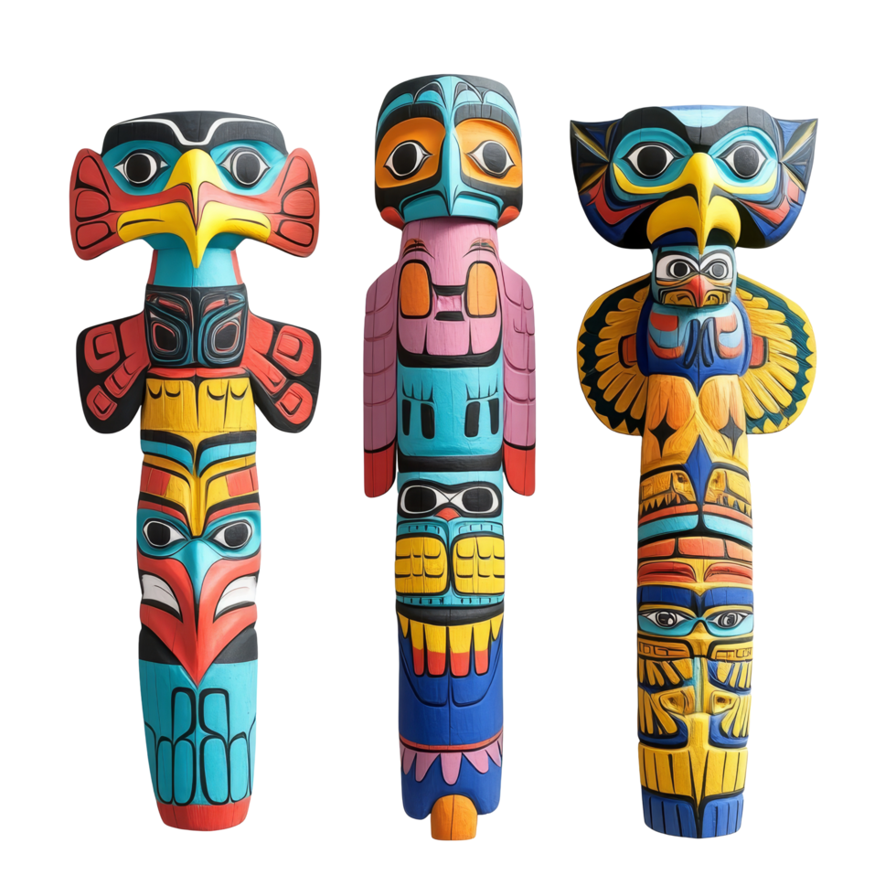 Colorful totem pole figures showcasing intricate designs on a bright transparent background with a vibrant accent, emphasizing indigenous artistry, Colorful Totem Pole Figures on transparent png