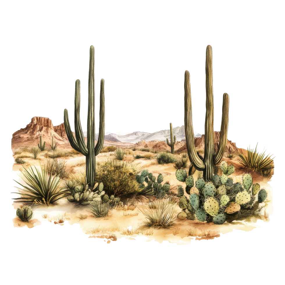A vibrant desert landscape featuring cacti and arid plants against a transparent background, Desert Landscape on transparent background png