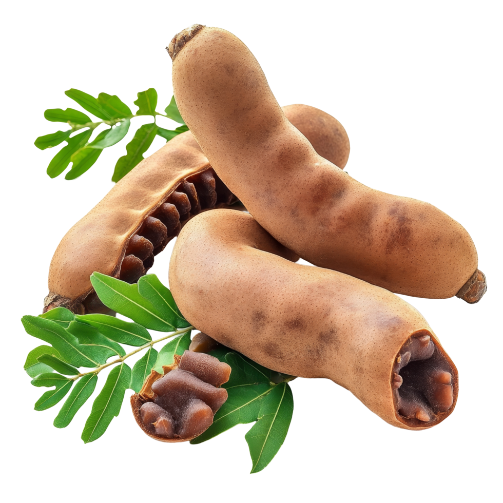 Ripe tamarind pods with fresh leaves displayed on a clean transparent background, ripe tamarind with leaf isolated on transparent background png