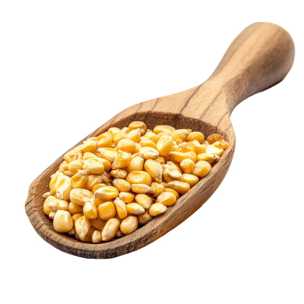 Corn seeds displayed in a wooden spoon isolated on a clean transparent background for culinary and gardening use, Corn seeds in wood spoon isolated on transparent background png