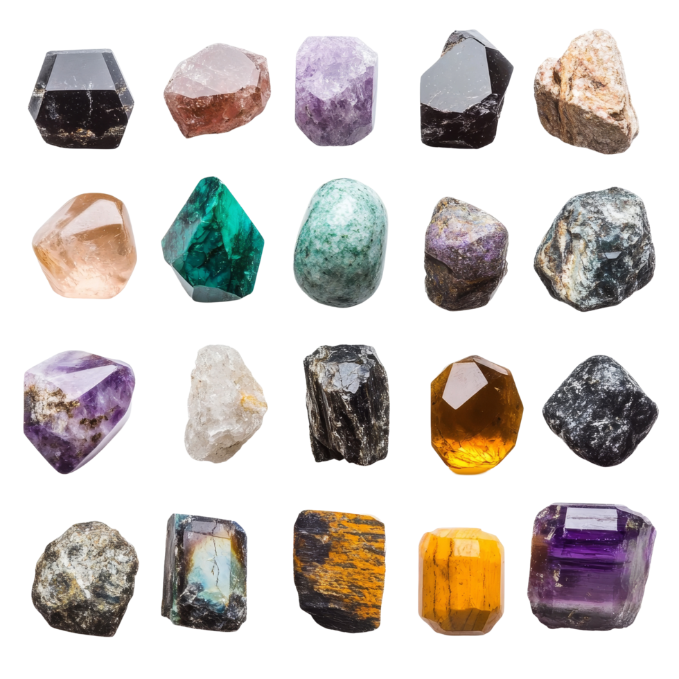 A stunning collection of various gemstones displayed on a smooth transparent background for a clean and elegant look, Gemstones transparent background png