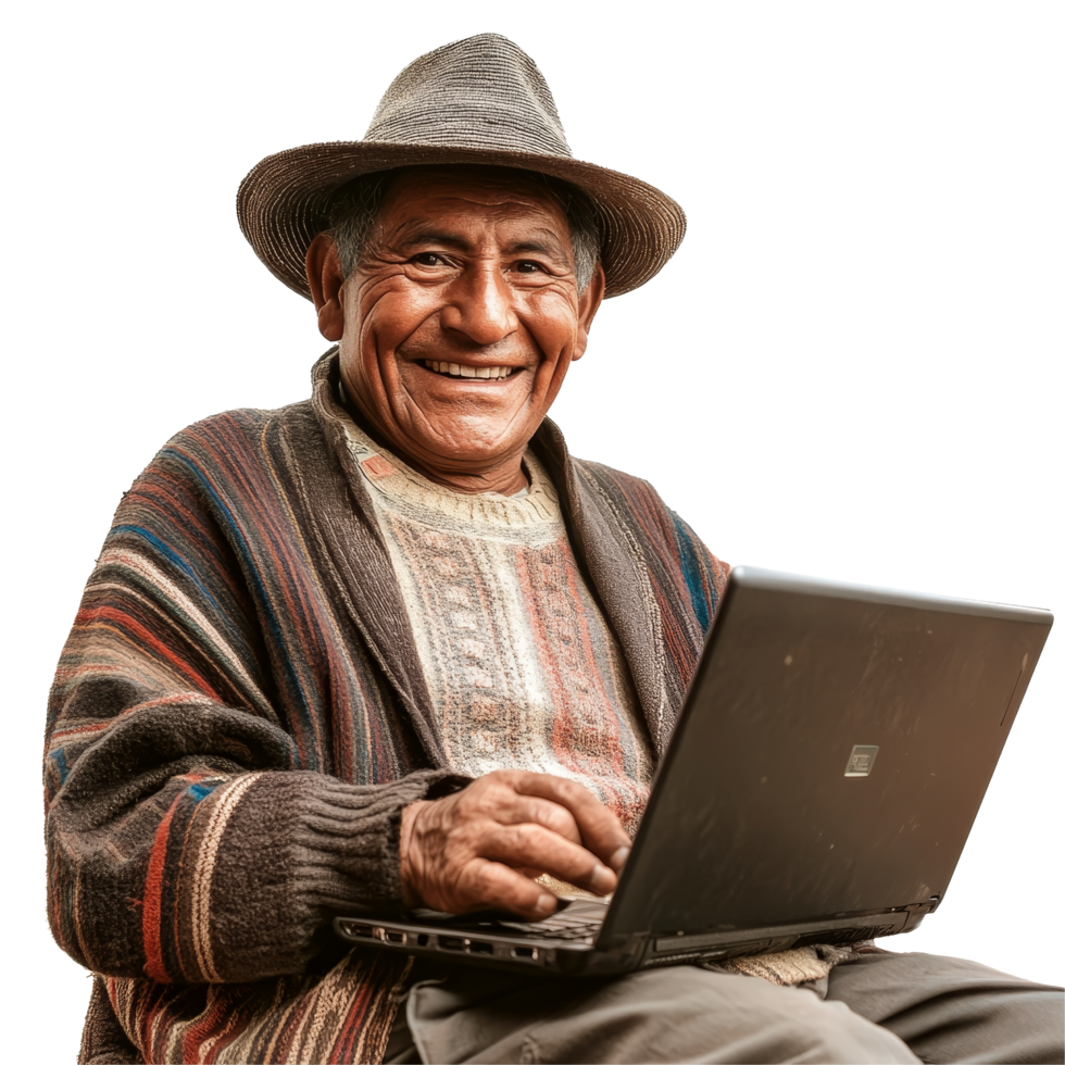 South American man joyfully using a laptop while wearing traditional attire and a hat, South American Man Enjoying Laptop Use png