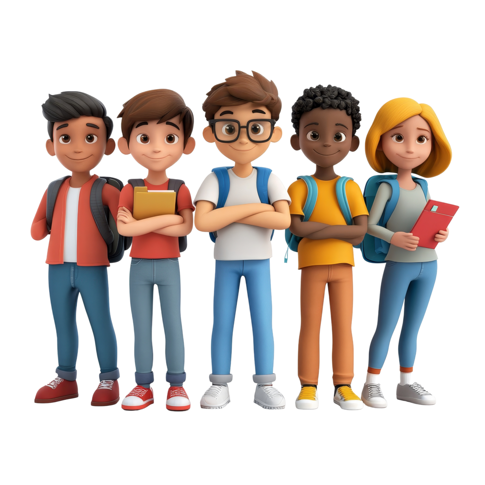 Group of diverse cartoon students ready for school with backpacks and books on a plain transparent background, Group of 3D cartoon student on transparent background png