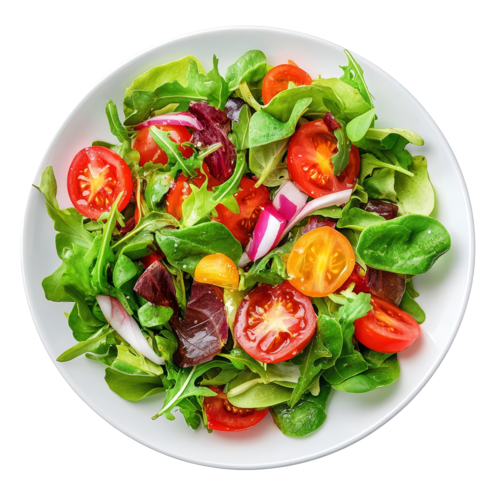 Fresh mixed salad with tomatoes and greens served on a plate against a transparent background, salad in plate isolated on transparent background png