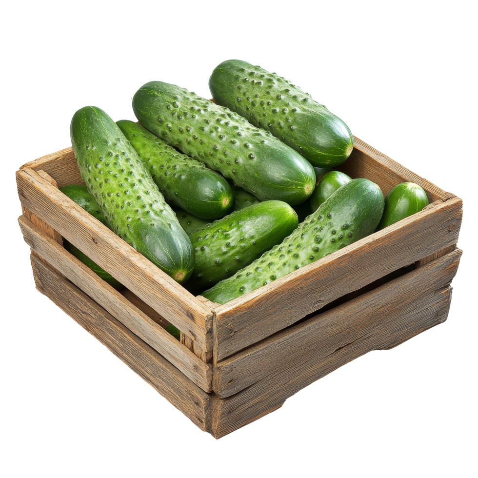 Fresh cucumbers nestled in a rustic wooden box on a transparent background, wooden box of cucumbersisolated on transparent background png