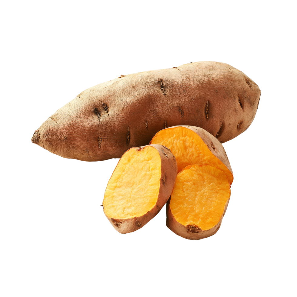Fresh sweet yam potato with vibrant orange flesh on a plain transparent background ready for cooking or baking, sweet yam potato on transparent background png