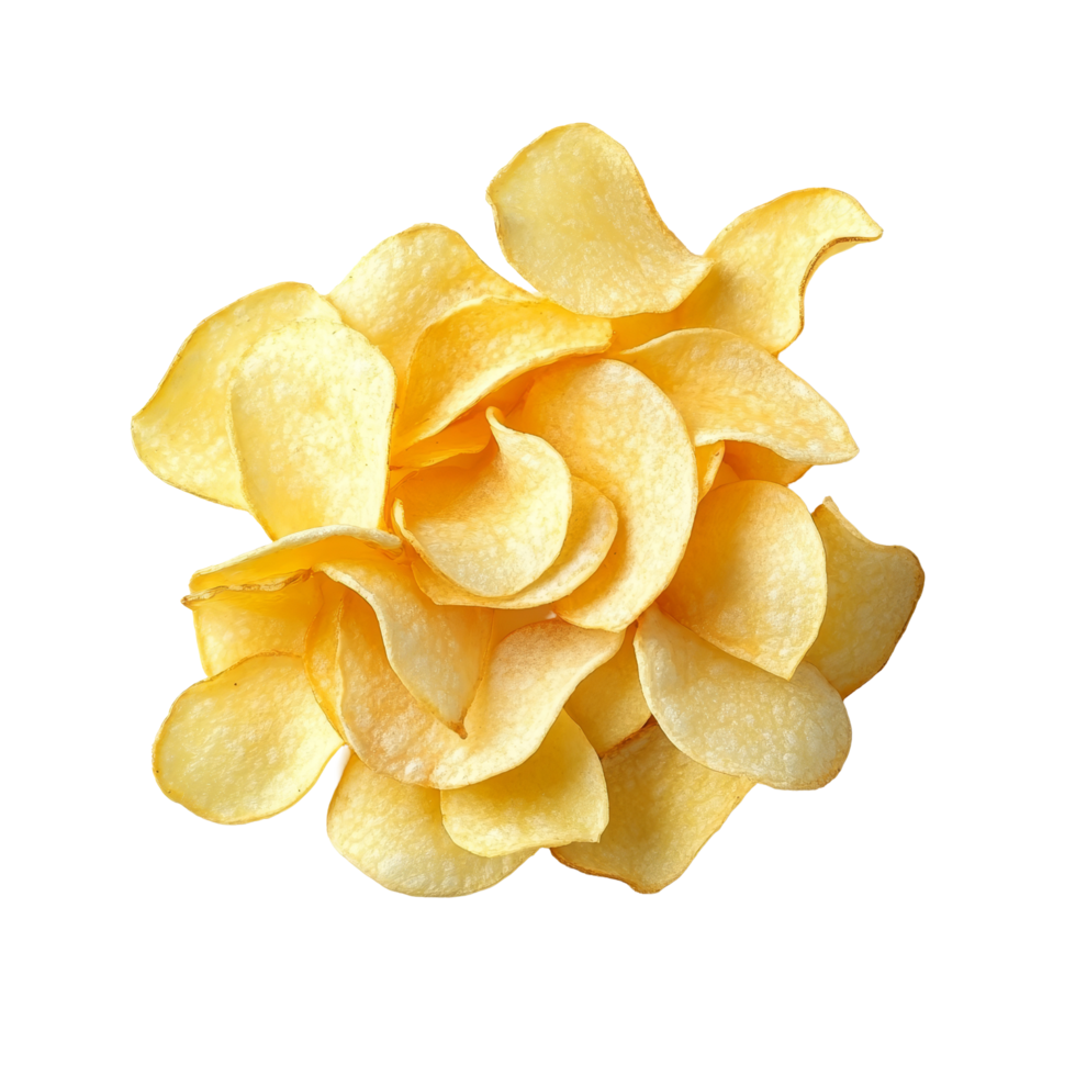 A pile of crispy potato chips arranged artistically on a clean transparent background, Potato chips on transparent background png