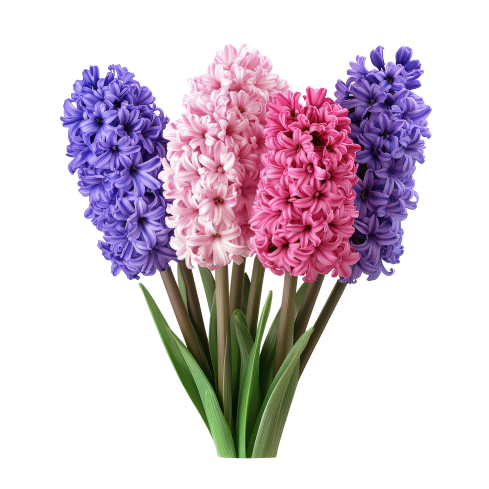 A vibrant bouquet of hyacinth flowers in shades of purple and pink isolated on transparent background, Bouquet of Hyacinth flowers, isolated on transparent background png