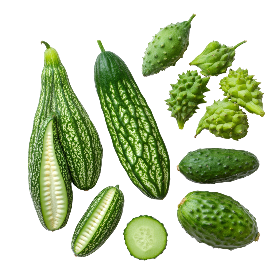 Exploring the unique varieties of balsam apple and bitter cucumber on a transparent background, balsam apple, balsam pear, bitter cucumber, bitter gourd, bitter melon on transparent background png