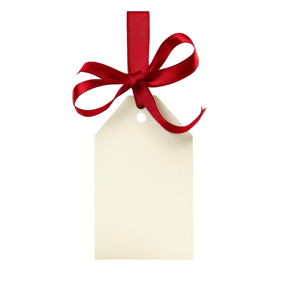 A blank gift tag with a red ribbon ready for heartfelt messages and holiday wishes, plain gift tag with red ribbon for text and wishes isolated on transparent background png