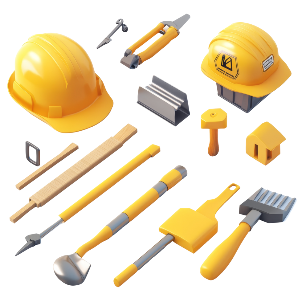 A collection of construction tools and safety gear arranged on a light blue background, showcasing essential equipment for building projects, Construction tools isolated png