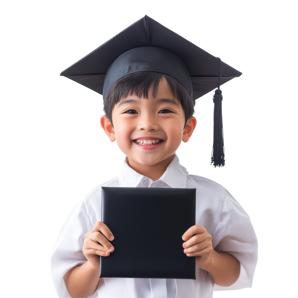 Happy Asian school kid proudly holding his graduation diploma in celebration of completing his studies, Happy Asian school kid graduate holding graduation cap isolated transparent background png