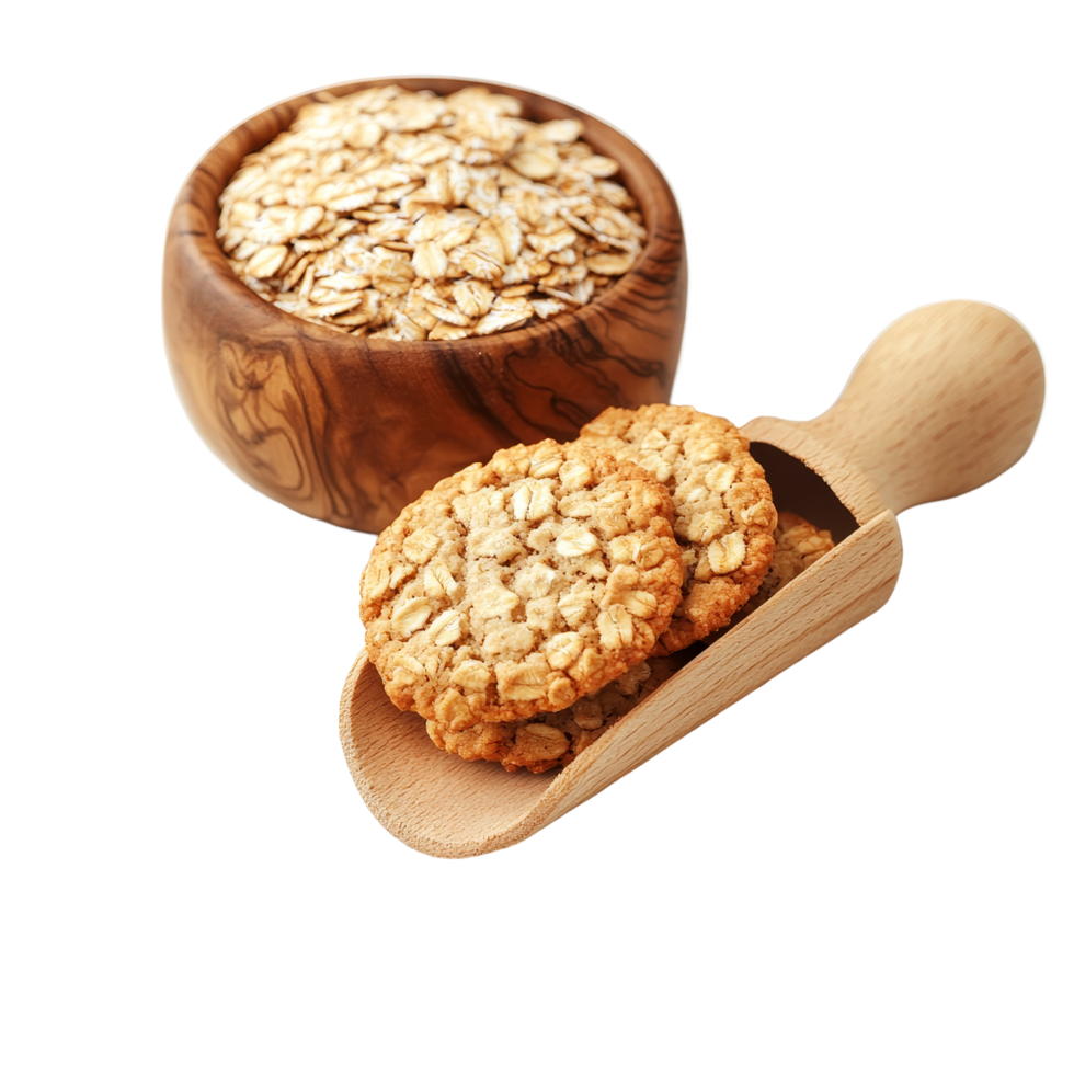 Delicious oatmeal cookies and nutritious wheat germ in a wooden scoop on a transparent surface, Oatmeal cookies and wheat germ in wood scoop on transparent background png