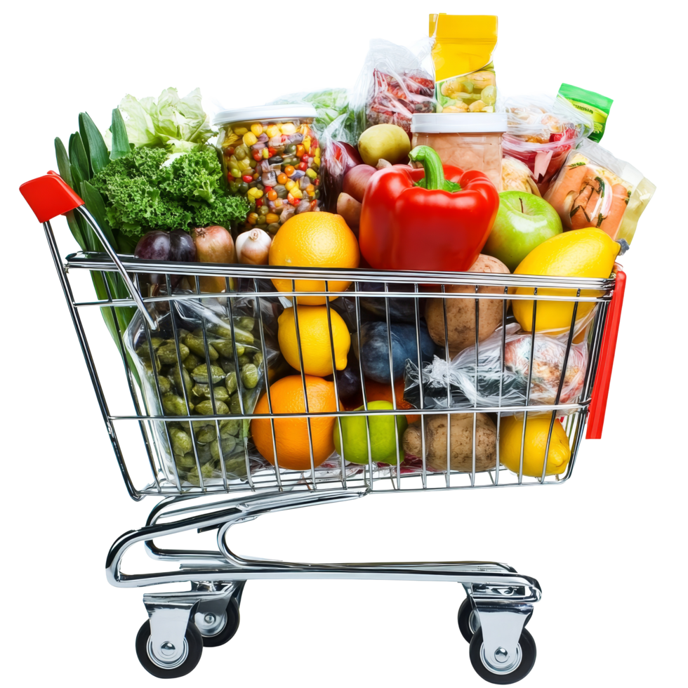 A shopping cart filled with a variety of fresh groceries in a vibrant display for healthy meal preparation, file no background Shopping cart full of groceries png