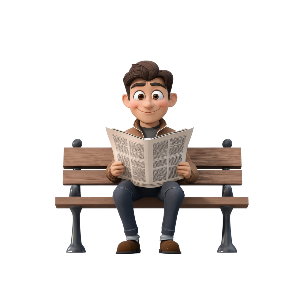A cheerful cartoon character relaxes on a bench while reading a newspaper in sunlight, 3d cartoon character male reading newspaper on a bench, on transparent background png