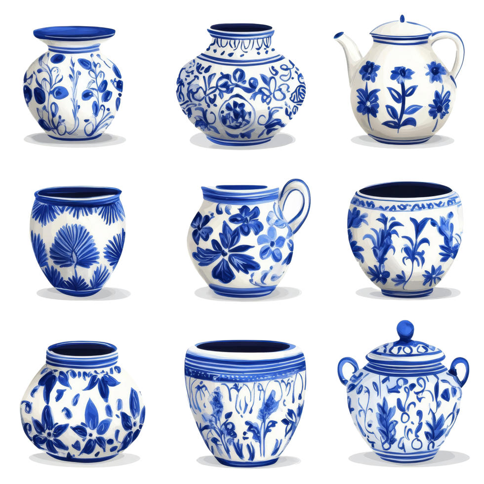 Beautiful collection of blue and transparent talavera pottery displayed in a charming arrangement showcasing unique, blue and transparent talavera pottery pot illustration isolated on transparent png