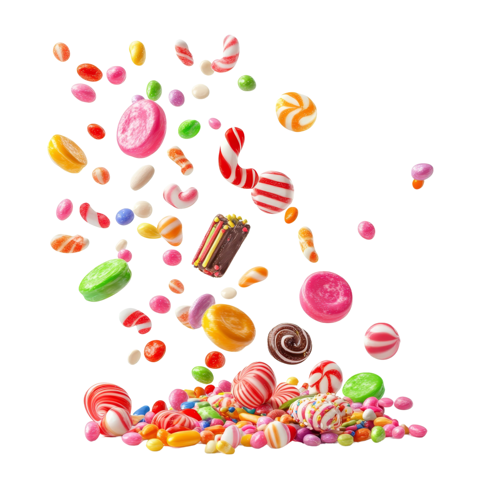 Colorful candies falling in a playful arrangement on a clean transparent background, falling candies isolated on transparent background png