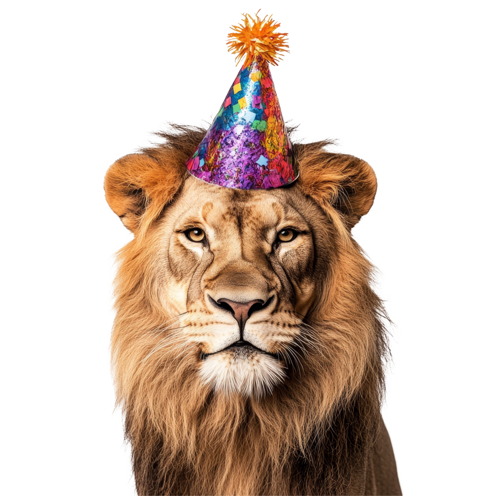 A lion wearing a vibrant party hat stands out against a transparent background, celebrating a festive occasion, Lion with Vibrant Party Hat on transparent background png