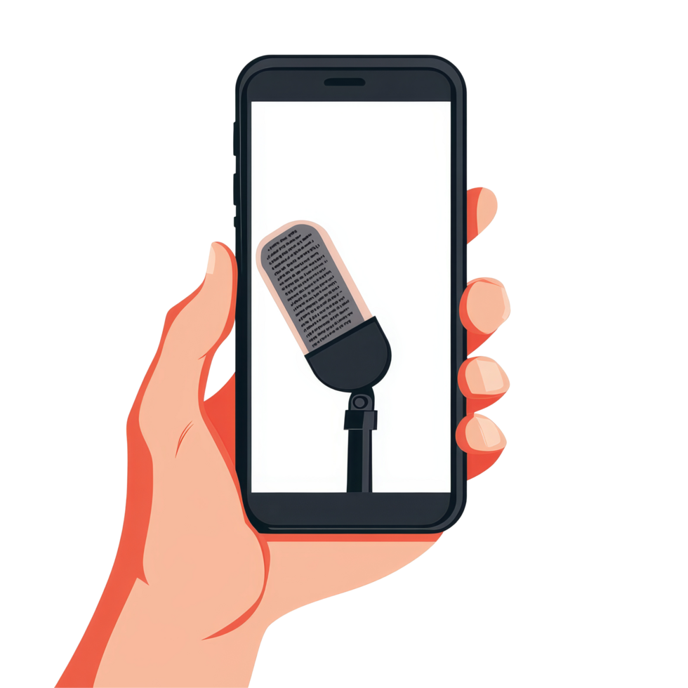 A person holds a smartphone with a microphone displayed on the screen, suggesting communication and creativity, Phone in hand to work on a smartphone with opening speech ntransparent backgroundfile png
