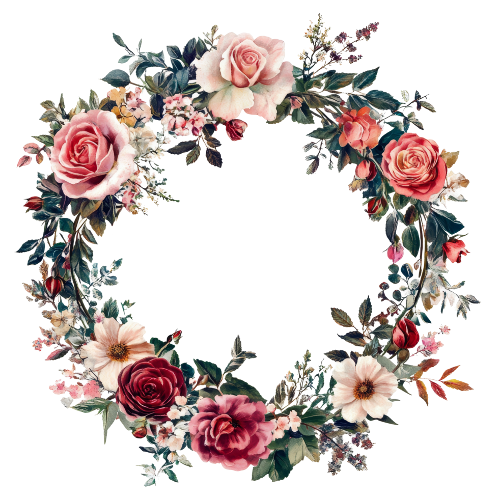 Delicate floral wreath featuring roses and various blossoms on a clear transparent background for elegant decor, roses and flowers floral wreath on transparent background cutouts png