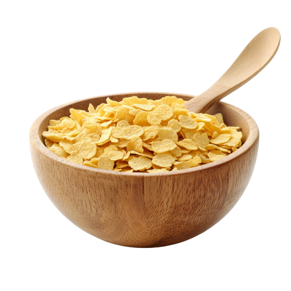 A wooden bowl filled with crunchy corn flakes and a spoon resting on a transparent surface showcasing breakfast simplicity, corn flakes in wood bowl and spoon isolated on transparent background png