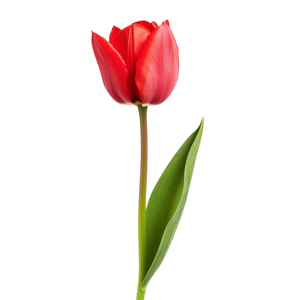 A vibrant red tulip flower stands tall against a clean transparent background, showcasing its natural beauty and elegance, single tulip flower isolated on transparent background png