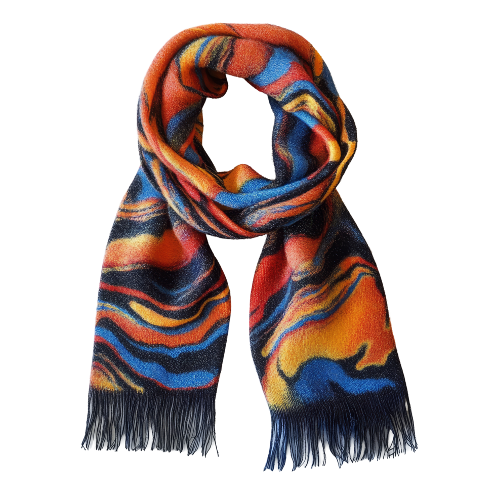 A vibrant wool scarf with colorful patterns displayed on a simple background, perfect for chilly weather, wool scarf png