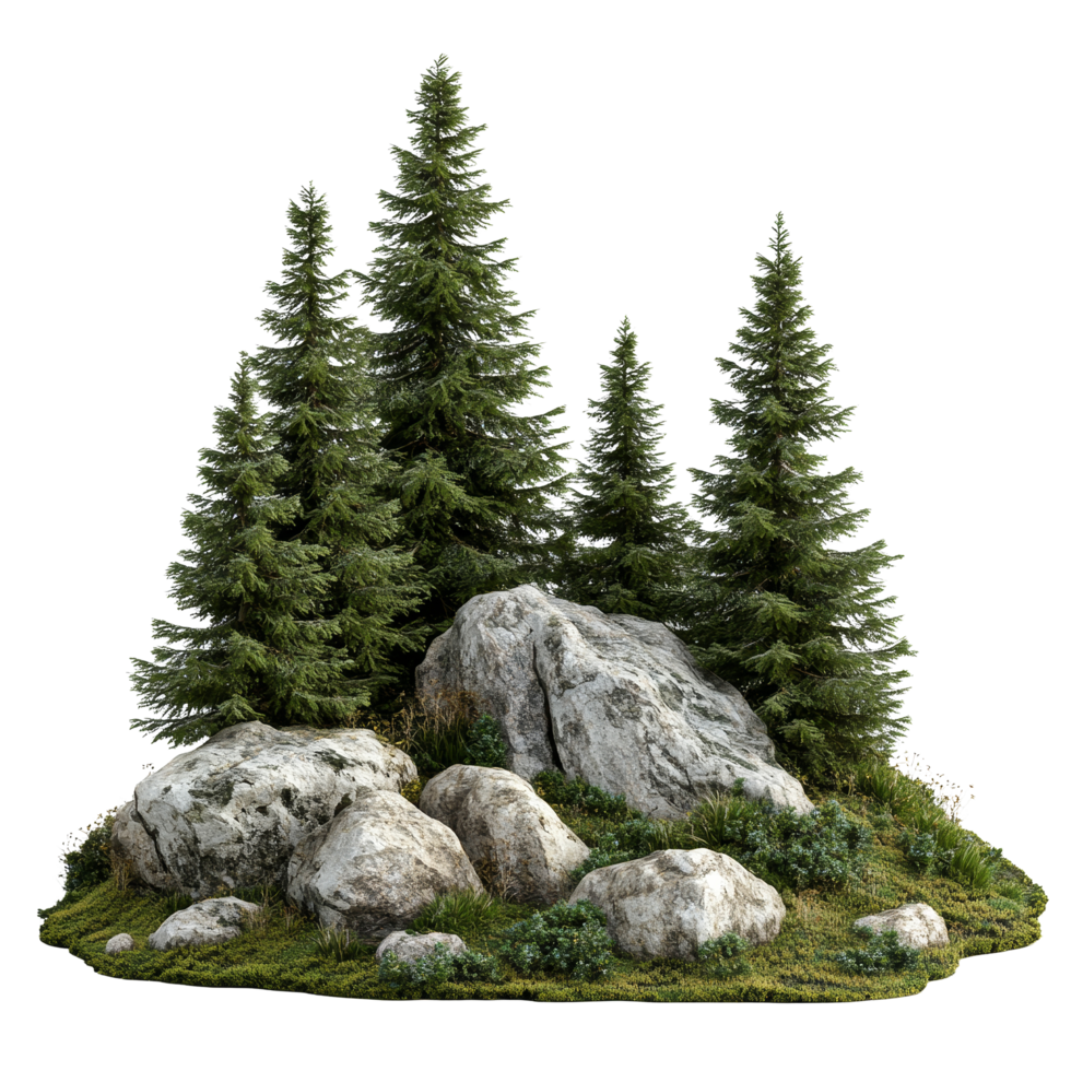 A tranquil spruce forest featuring rocks surrounded by lush greenery on an isolated patch of land, spruce forest with rocks, file of isolated object on transparent background png