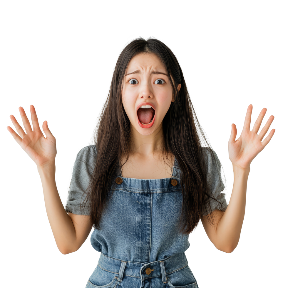 Young Asian woman expressing shock with raised hands and open mouth in a minimalistic setting, Young Asian woman with open mouths raising hands screaming png