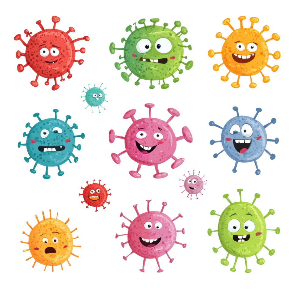 Cute and funny colorful virus characters depicting various microbes with cheerful expressions, Cute and Funny Virus Characters, Colorful Microbes, Isolated on transparent background Background png
