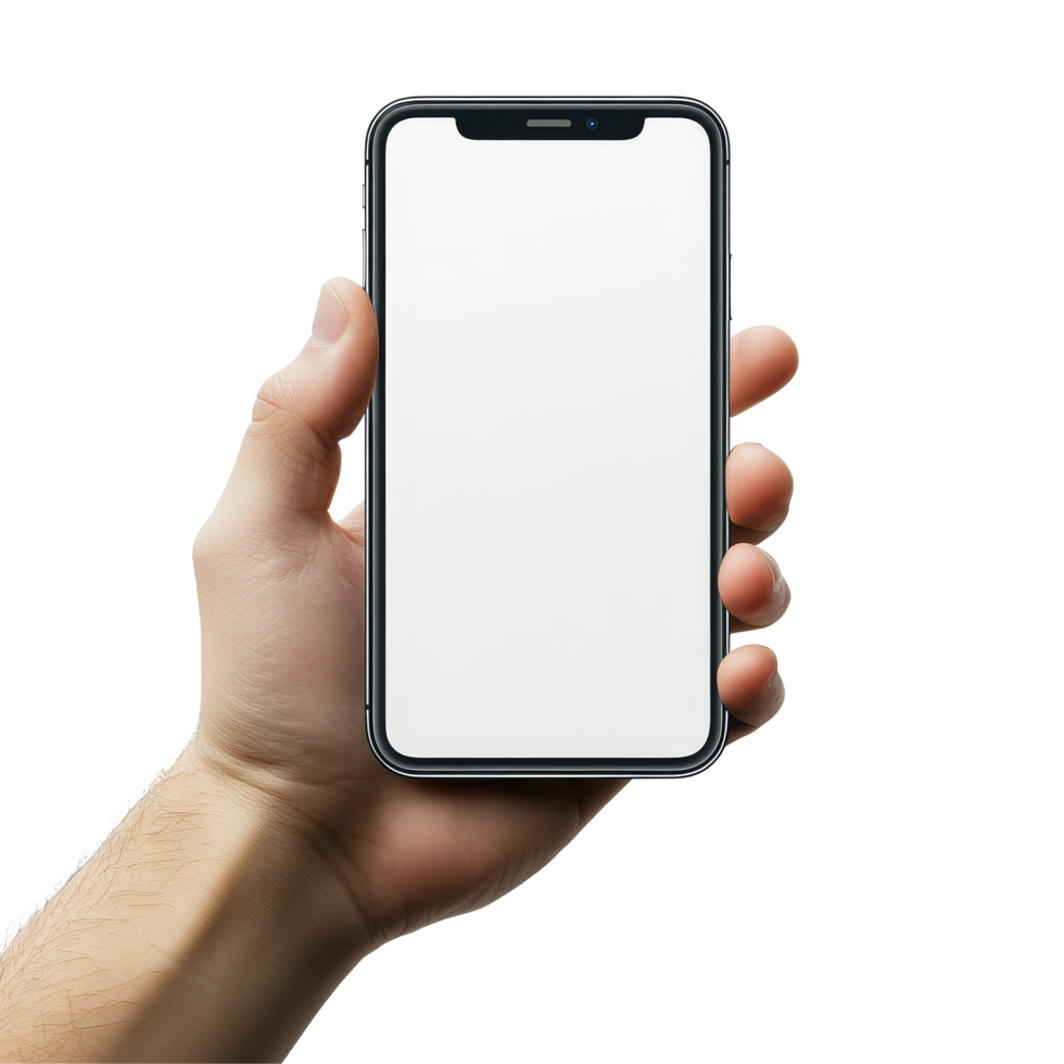 A hand holding a mobile phone mockup with a blank screen ready for customization, Hand holding mobile phone screen mockup, iphone mock up isolated on transparent background png