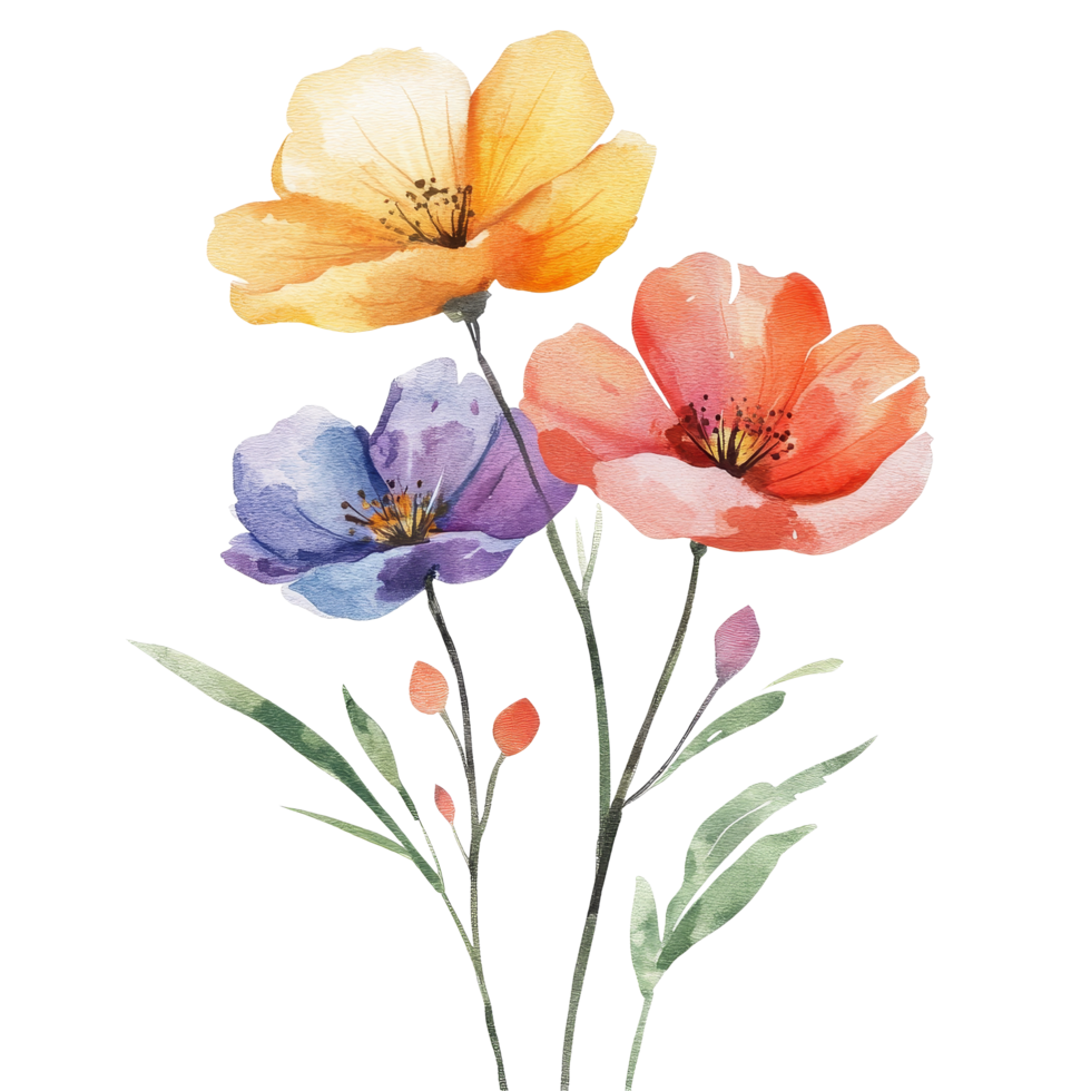 Colorful watercolor flowers isolated on transparent, showcasing delicate petals and vibrant hues in a serene composition, colorful flowers in water color isolated on transparent background png