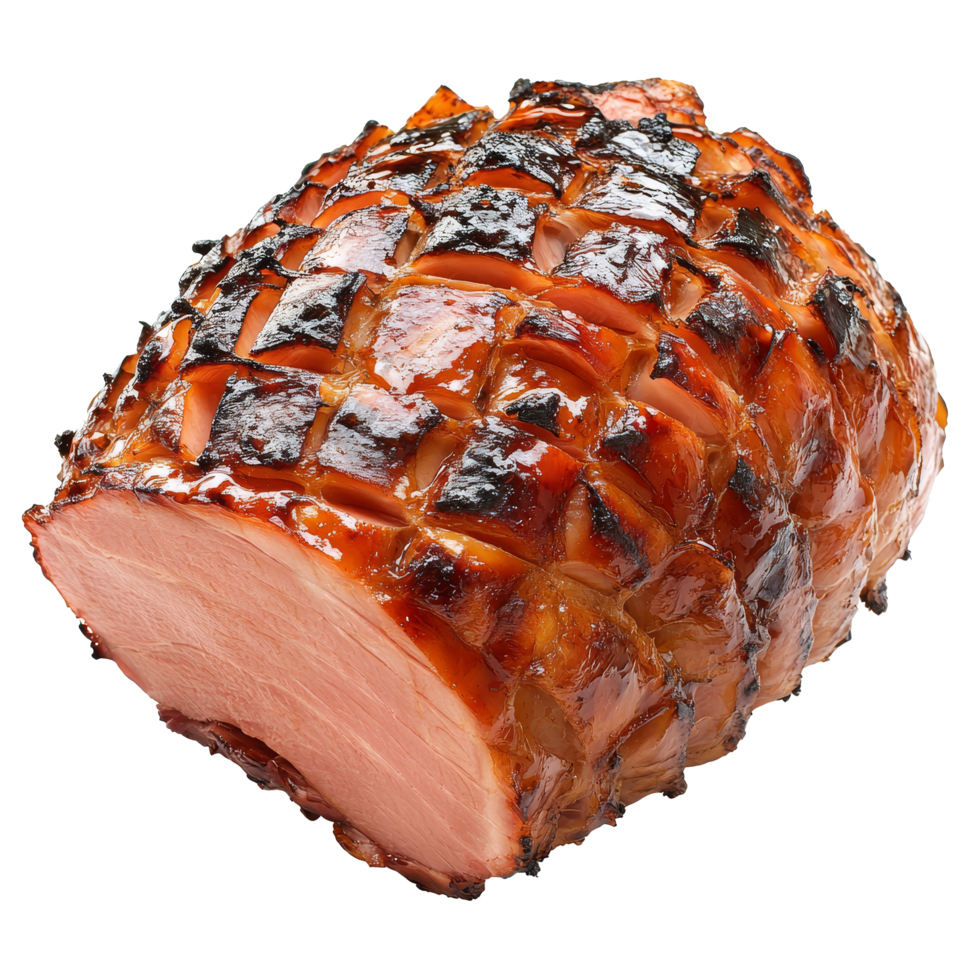Delicious honey glazed ham resting on a clean transparent background for a festive meal, Tasty food honey glazed ham on a transparent background png