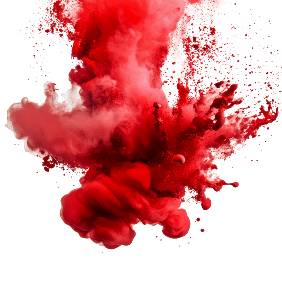 Dynamic red paint explosions creating striking splashes on a crisp transparent background, Red Paint Explosions on transparent background png