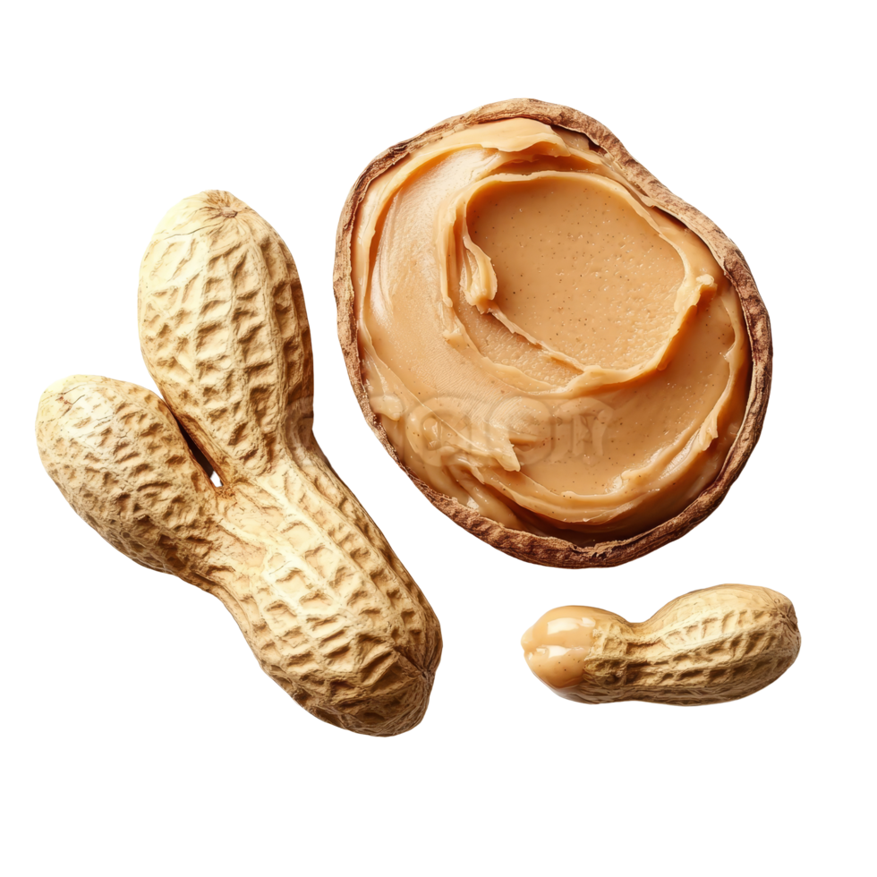 Peanuts beside creamy peanut butter spread on a clean transparent surface highlighting their natural textures, Peanuts and peanut butter spread on transparent background clipping path included png