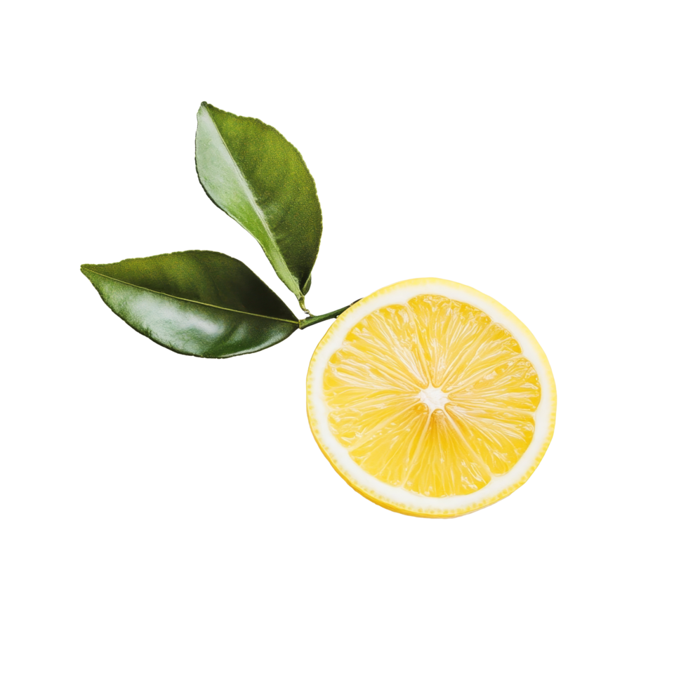 Freshly cut lemon resting on a transparent background with green leaves for a vibrant and natural appearance, lemon on transparent background png
