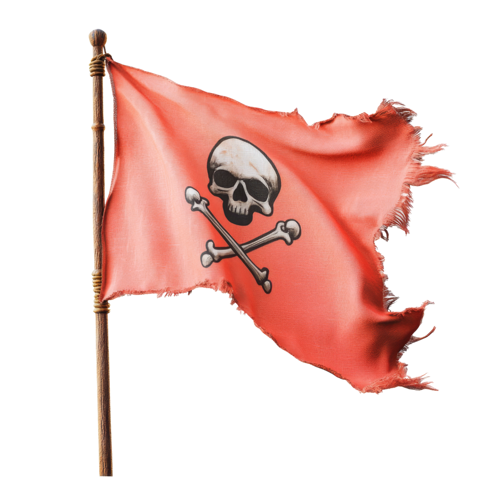 A weathered pirate flag with a skull and crossbones design isolated on a clean transparent background, Pirate flag isolated on transparent background png