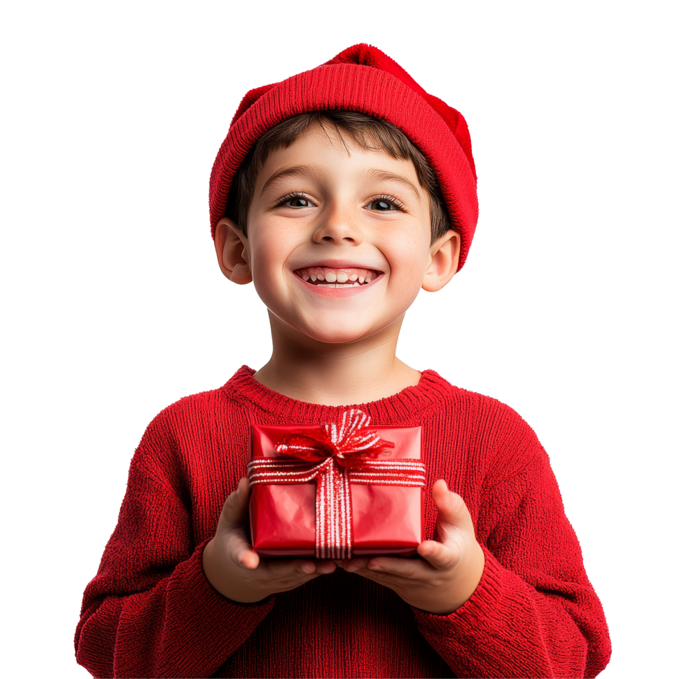 Happy boy in a red sweater holding a Christmas gift against a transparent background, celebrating the holiday season, Happy boy with christmas gift on transparent background png