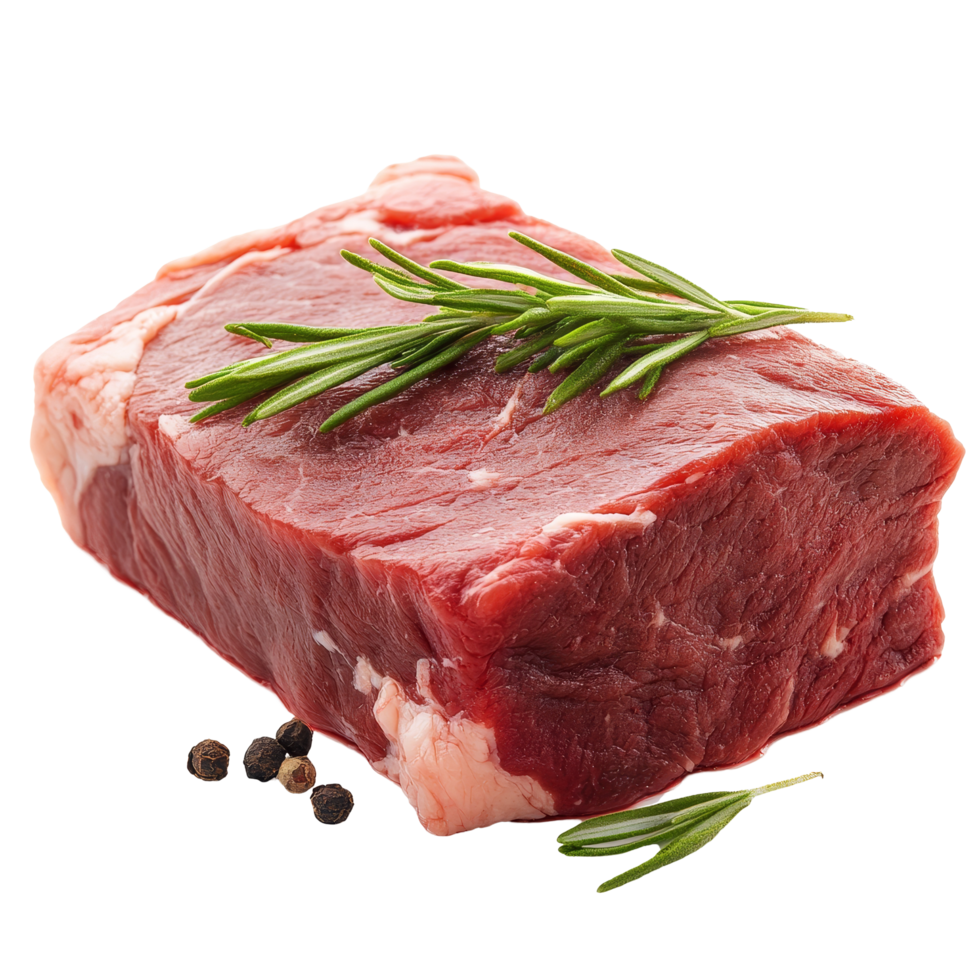 Fresh raw beef loin cut with herbs and spices on a transparent background for culinary use or recipe preparation, Isolated raw beef loin meat part png