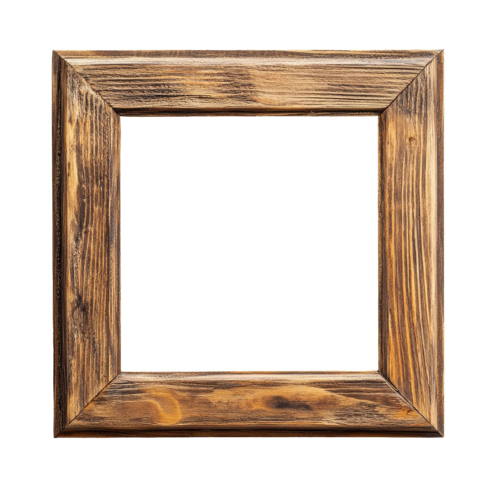 Stylish square wooden picture frame showcasing a rustic design perfect for home decor, Square wooden picture photo framefront view. Realistic horizontal picture frame png