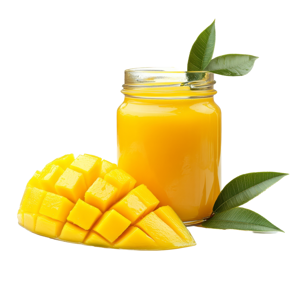 Refreshing sweet mango juice in a glass jar accompanied by fresh mango slices on a clean transparent background, Sweet mango juice in a glass jar on a transparent background png