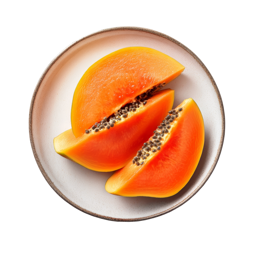 rebanado papaya servido en un plato en contra un limpiar transparente antecedentes para sano bocadillo ideas y recetas, rebanado papaya en plato aislado en transparente antecedentes png