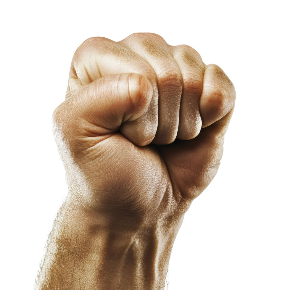 A clenched fist symbolizes strength and determination against a simple transparent background, Front View of Clenched Fist on transparent background png