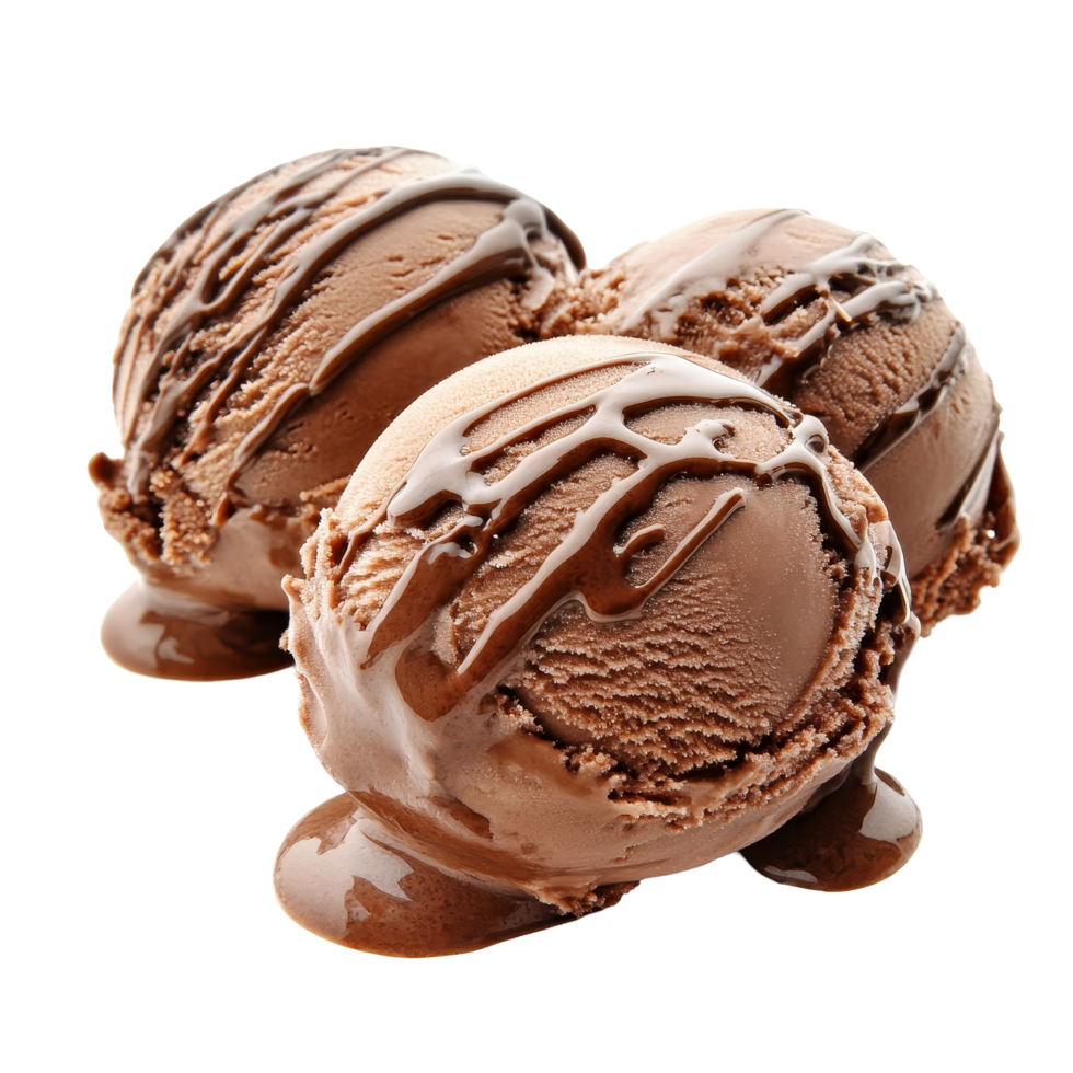 Delicious chocolate ice cream scoops drizzled with syrup on a transparent background ready to be enjoyed, Chocolate ice cream isolated on transparent background Stock Photo png