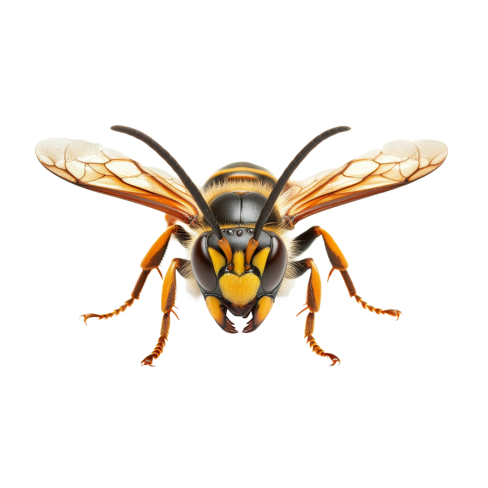 Detailed view of a hornet captured against a transparent background showcasing its distinctive features and coloration, hornet isolated transparent background png