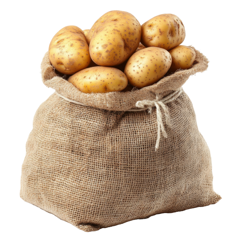 A burlap sack filled with fresh potatoes on a transparent background ready for cooking or storage, Sack of potatoes isolated on transparent background png