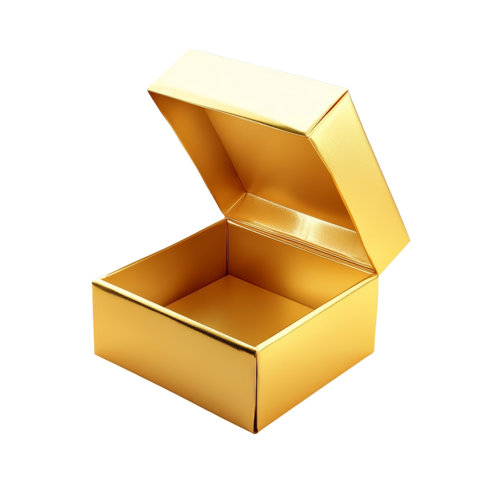 A golden gift box with an open lid on a transparent background, perfect for festive occasions and packaging ideas, Gold open gift box isolated on transparent background png