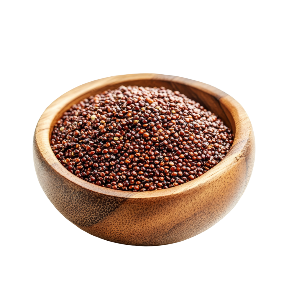 Red quinoa in a wooden bowl on a transparent background showcasing nutritious grains for healthy eating, red quinoa in wood bowl isolated on transparent background png