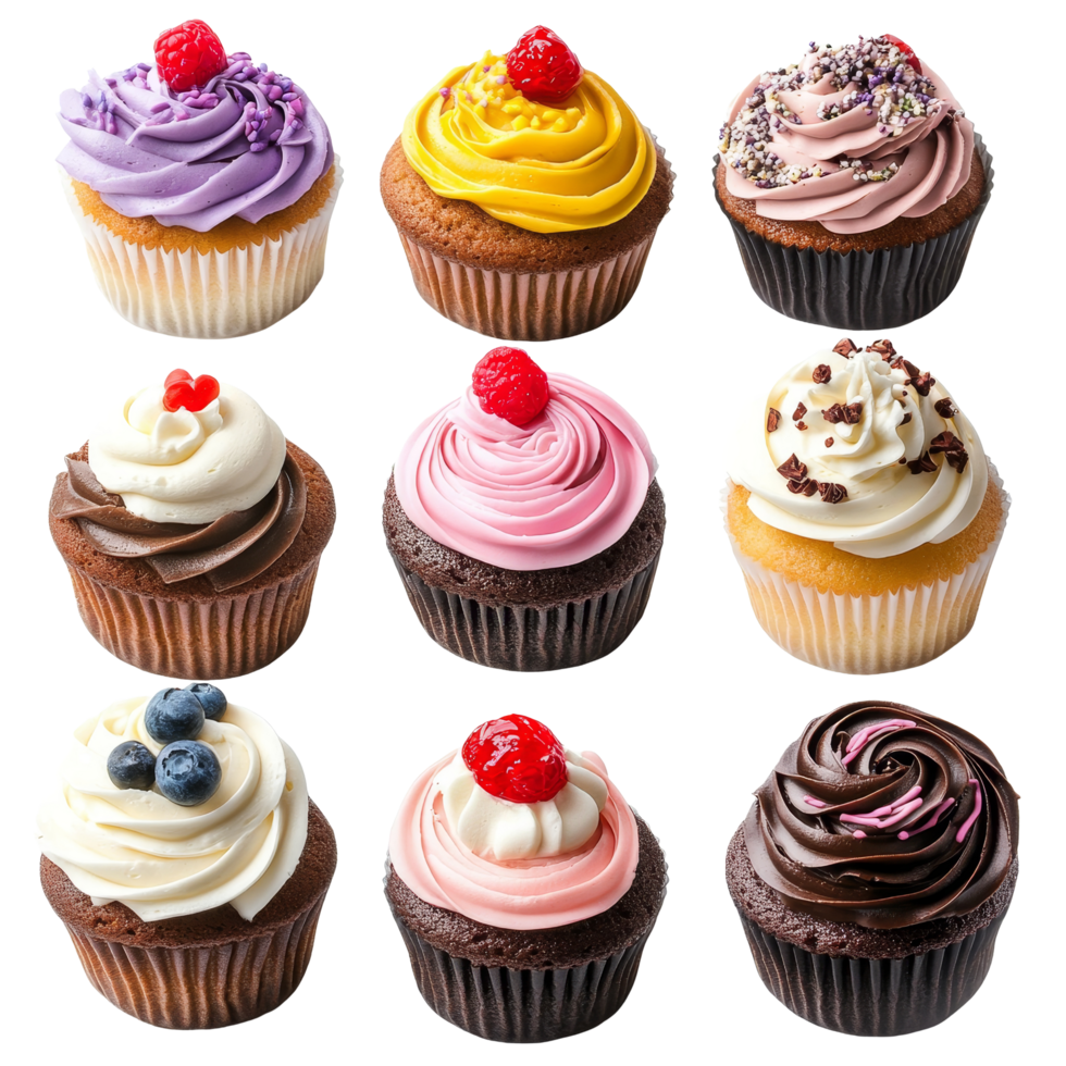 A delightful collection of colorful cupcakes arranged on a vibrant surface ready for enjoyment, Delight in Sweetness A Cupcakes on a transparent background png