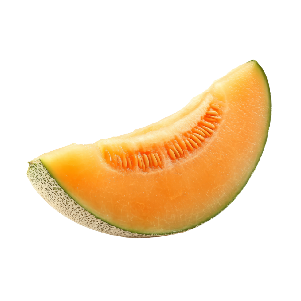Fresh cantaloupe melon slice isolated on a transparent background, showcasing its vibrant orange color and textured rind, slice cantaloupe melon isolated on transparent background png